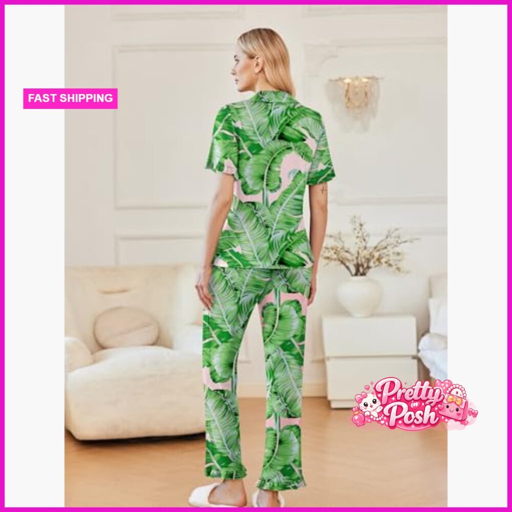 Polyester Pajama Set With Ruffle Button Up Top An… - image 5